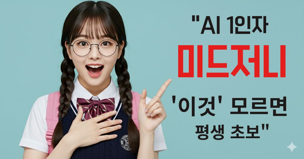왼쪽에 서 있는 귀여운 한국 여학생이 놀란 표정으로 오른쪽을 손가락으로 가리키고 있다. 오른쪽에는 'AI 1인자 미드저니 이것 모르면 평생 초보'라는 문구가 적혀 있는 썸네일 이미지