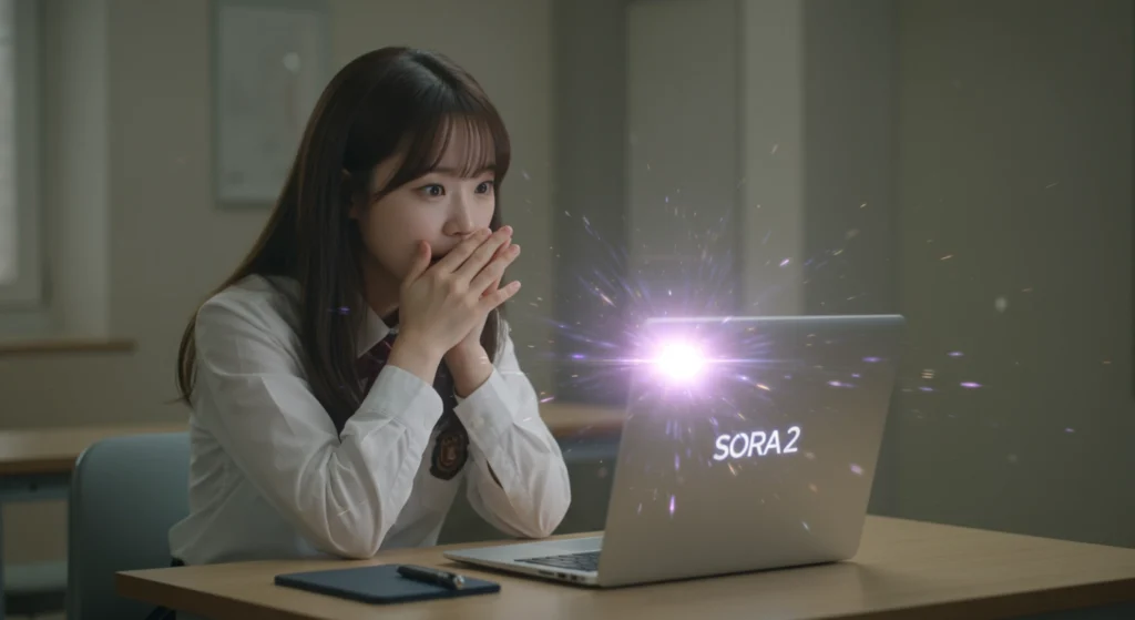 한국인 여학생이 노트북 화면의 놀라운 소라2 영상 생성 결과물을 보고 기뻐하는 순간.