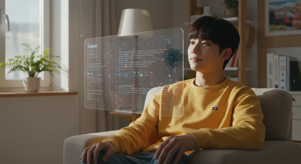 밝고 아늑한 방에서 젊은 청년이 소라2 영상 생성 기술로 홀로그램을 통해 아이디어를 영상으로 변환하는 모습.